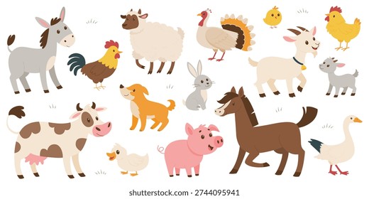 Large farm animals vector set with cute cartoon cow, pig, horse, donkey, goat, sheep, chicken, duck, goose and turkey. Livestock barnyard collection isolated on background.