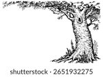Large farm lush maple shrub twig dark black ink line hand drawn fall travel art style. Light calm morn life big acorn leaf even icon sign view border text space rural yard lake outline artist artwork