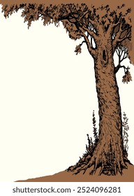 Large farm lush maple shrub twig dark black ink line hand drawn fall travel art style. Light calm morn life big acorn leaf even icon sign view border text space rural yard lake outline artist artwork