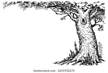 Large farm lush maple shrub twig dark black ink line hand drawn fall travel art style. Light calm morn life big acorn leaf even icon sign view border text space rural yard lake outline artist artwork