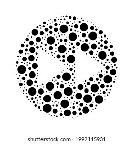 A large fast forward symbol in the center made in pointillism style. The center symbol is filled with black circles of various sizes. Vector illustration on white background