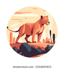 Large feline hunter walking in African savannah icon isolated