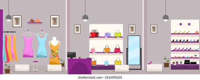 Large Female Clothes Shopping Mall or boutique shop interior. Vector illustration.