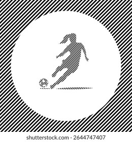 Um grande símbolo de futebol feminino no centro como uma escotilha de linhas pretas em um círculo branco. Efeito entrelaçado. Padrão contínuo com linhas inclinadas diagonais em preto e branco listradas