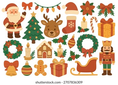 Grande colección festiva con Santa, árbol, coronas, juguetes, velas, regalos y decoraciones invernales.