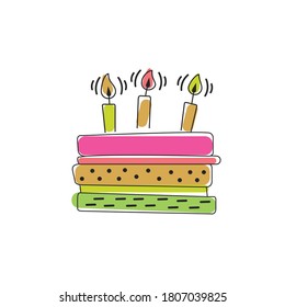 Large festive multilayer cake with burning candles. Flat simple icon.
