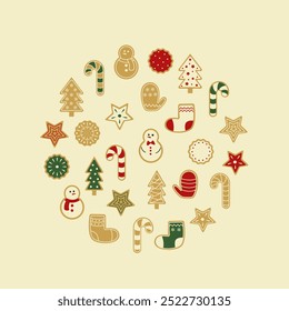 Large festive set of traditional Christmas baked goods on a light background. Ginger cookies in the shape of a Christmas tree, snowman, mitten, star, candy cane.