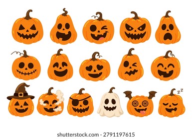 Large festive set of various carved Halloween pumpkins with faces some wearing witch hats for decoration. Cartoon vector illustration collection