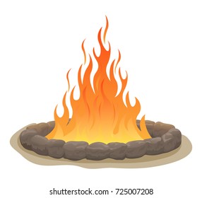 Large fire surrounded by stones