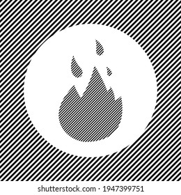 A large fire symbol in the center as a hatch of black lines on a white circle. Interlaced effect. Seamless pattern with striped black and white diagonal slanted lines