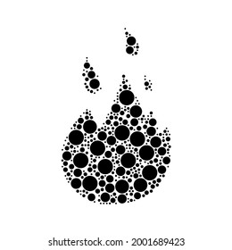 Un gran símbolo de fuego en el centro, de estilo puntillista. El símbolo central está lleno de círculos negros de varios tamaños. Ilustración del vector sobre fondo blanco