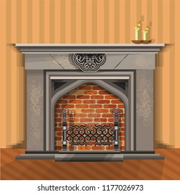 A large fireplace with a fireplace grate and burning candles. Vector illustration