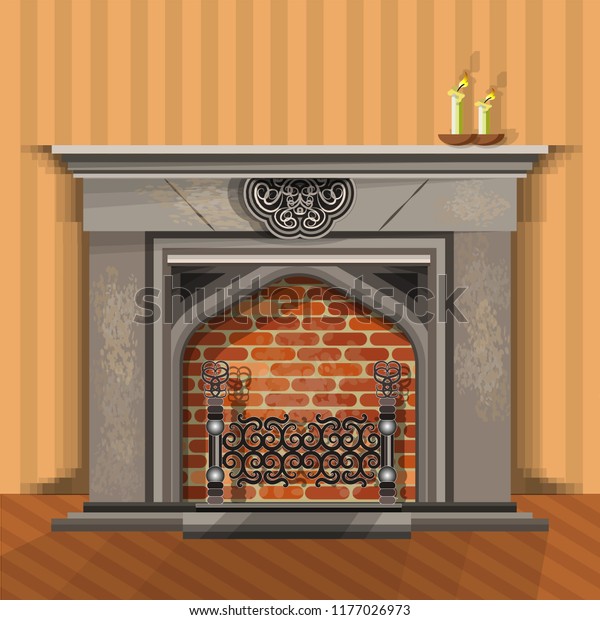 Large Fireplace Fireplace Grate Burning Candles Stock Image