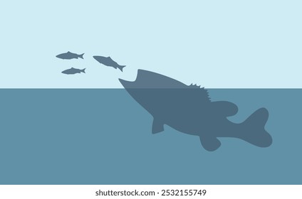 Große Fische jagen kleinere Fische unter Wasser. Silhouette, Vektorgrafik eines großen Raubfischs, der unter Wasser kleineren Fischen nachjagt, zeigt natürliches Wasserverhalten in einem einfachen, minimalistischen Design.