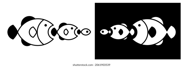 Large Fish Eat Small Fish, Food Chain, Law Of Nature, Black And White Ellustration