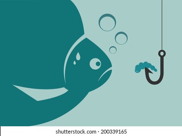 Large fish looking at a worm attached to the hook. Vector illustration.