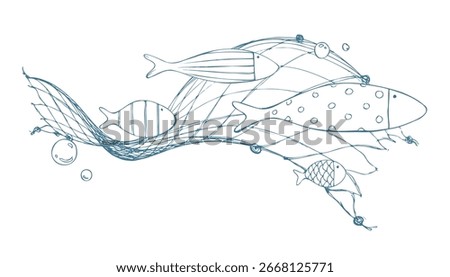 Large fish sliding on wavy fishing net with small bubbles, calm and sophisticated. Hand drawn ink illustration. Decorative composition for wall art, posters, cards and badges.