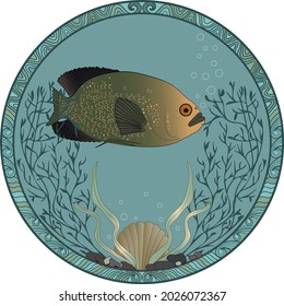 The large fish swims near the seabed inside a round frame in Art Nouveau style