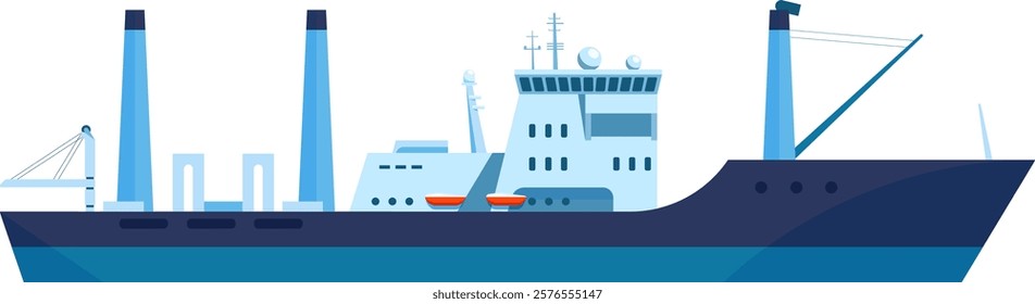 Large fishing boat sailing across the ocean under a clear blue sky, equipped with advanced technology and prepared for an exciting and productive fishing expedition