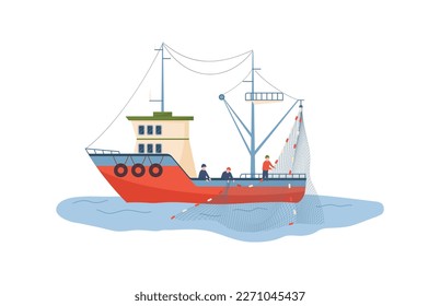 Large fishing vessel with fishermen working on it, flat cartoon vector illustration isolated on white background. Fish and seafood fishing banner or emblem.