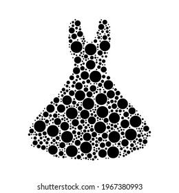 A large flared dress symbol in the center made in pointillism style. The center symbol is filled with black circles of various sizes. Vector illustration on white background