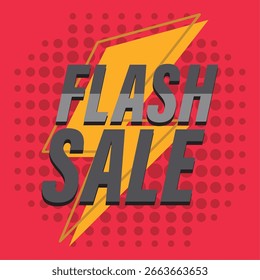 Large flash sale text overlaying yellow lightning bolt and dotted red background. Vector illustration