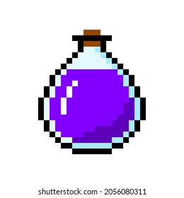 Large flask of pixel potion. Magical purple potion in bottle with cork. Elixir of mana and antidotes for 8bit games. Liquid for revival and replenishment of vector forces