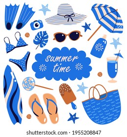 A large flat cartoon vector set of summer elements: glasses, swimsuit, beach umbrella, beach bag, surfboard, cocktail, sunscreen, flip flops and much more. White background