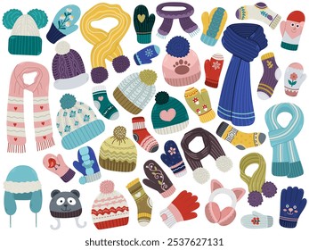 Large flat set with autumn hats, scarves, knitted socks, children's and adults. Bright fashionable design illustration