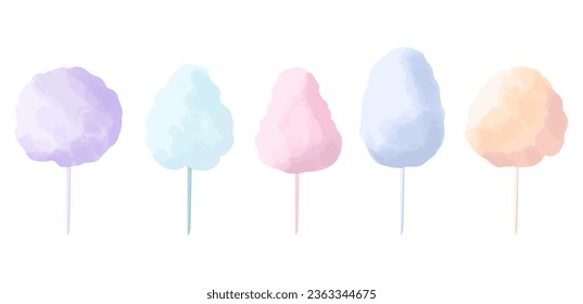 Un gran juego de dibujos animados vectoriales planos de caramelos de algodón color agua. Dulce comida callejera para niños y adultos. Dibujo aislado sobre un fondo blanco.