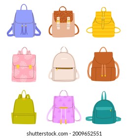 A large flat vector set of backpacks of various shapes and colors for studying, traveling, walking. Isolated collection on a white background.