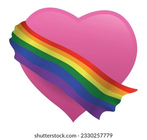 Large floating pink heart covered with rainbow flag on white background.