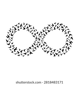 A large flock of birds in black silhouette forms an infinity symbol on a plain white background