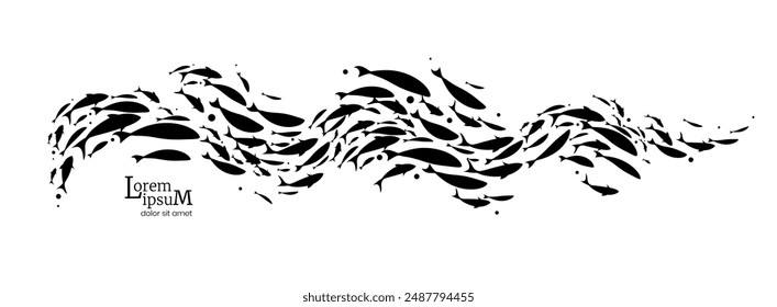 Large flock of fish. Silhouettes of swimming sea fish. Vector illustration.