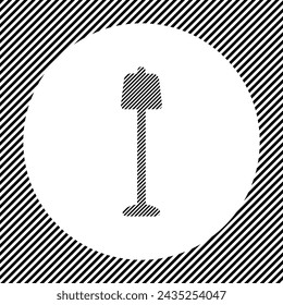 A large floor lamp symbol in the center as a hatch of black lines on a white circle. Interlaced effect. Seamless pattern with striped black and white diagonal slanted lines