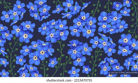 Large floral background with blue forget-me-not flowers in wallpaper for computer desktop, tablet, cell phone, social media covers. Realistic highly detailed vector plants 