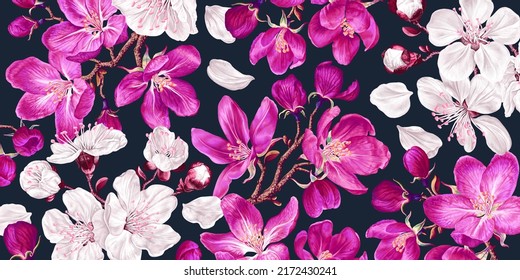 Large floral background with spring pink and white flowers of apricot, sakura and apple trees, in wallpaper for computer desktop, tablet, cell phone, social media posts. Realistic vector flowers