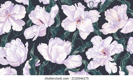 Large floral background with spring white tulips, in wallpaper for computer desktop, tablet, cell phone, social media covers. Realistic vector highly detailed flowers with leaves in vintage style.