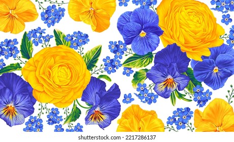 Large floral background with yellow and blue flowers of ranunculus, pansies, forget-me-not in wallpaper for desktop computer, tablet, phone, social media posts, prints for clothes. Realistic vector