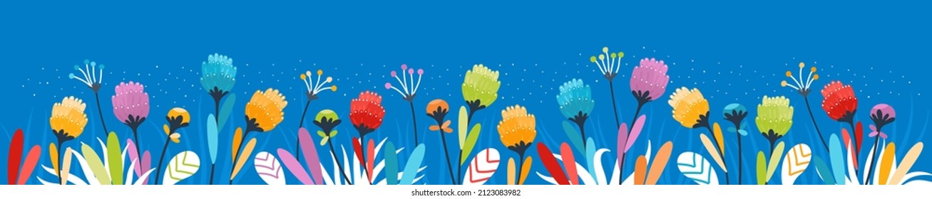 Large floral banner with different bright flowers. Rich flowery meadow. Design elements for decoration. Vector graphics
