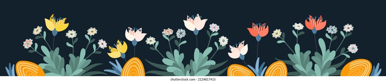 Large floral banner with different bright flowers. Rich flowery meadow. Design elements for decoration. Vector graphics