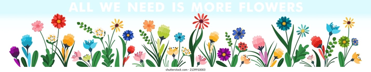 Large floral banner with different bright flowers. Rich flowery meadow. Design elements for decoration. Vector graphics