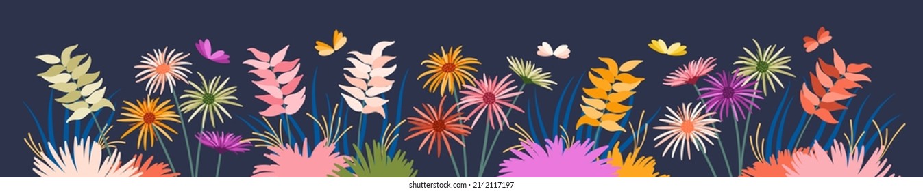 Large floral banner with different bright flowers. Rich flowery meadow. Design elements for decoration. Vector graphics