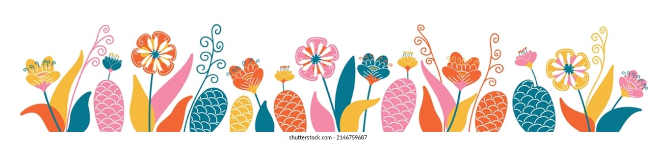 Large floral banner with different bright flowers. Rich flowery meadow. Design elements for decoration. Vector graphics