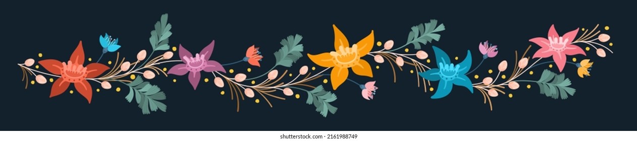 Large floral banner with different bright flowers. Rich flowery meadow. Design elements for decoration. Vector graphics