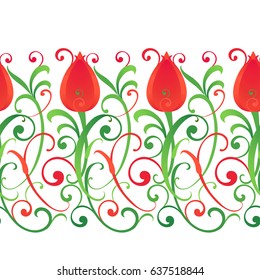 Large floral border. Bright seamless pattern with leaves, tendrils and buds