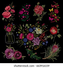 Large floral collection. Set Peony. Traditional folk stylish stylish floral embroidery on the black background. Sketch for printing on clothing, fabric, masks, accessories and design. Trend vector