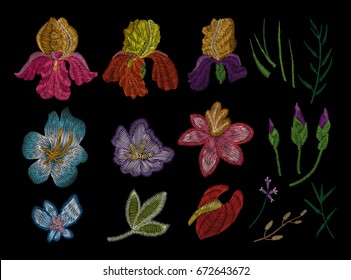 Large floral collection. Set Peony. Traditional folk stylish stylish floral embroidery on the black background. Sketch for printing on clothing, fabric, masks, accessories and design. Trend vector