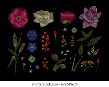 Large floral collection. Set Peony. Traditional folk stylish stylish floral embroidery on the black background. Sketch for printing on clothing, fabric, masks, accessories and design. Trend vector