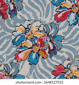 Large floral patterns in shades of blue, red, orange and white
The flowers, together with their leaves and petals, are prominently and decoratively placed